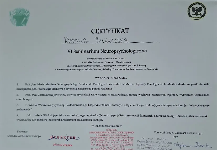 Certyfikat VI Seminarium Neuropsychologicznego