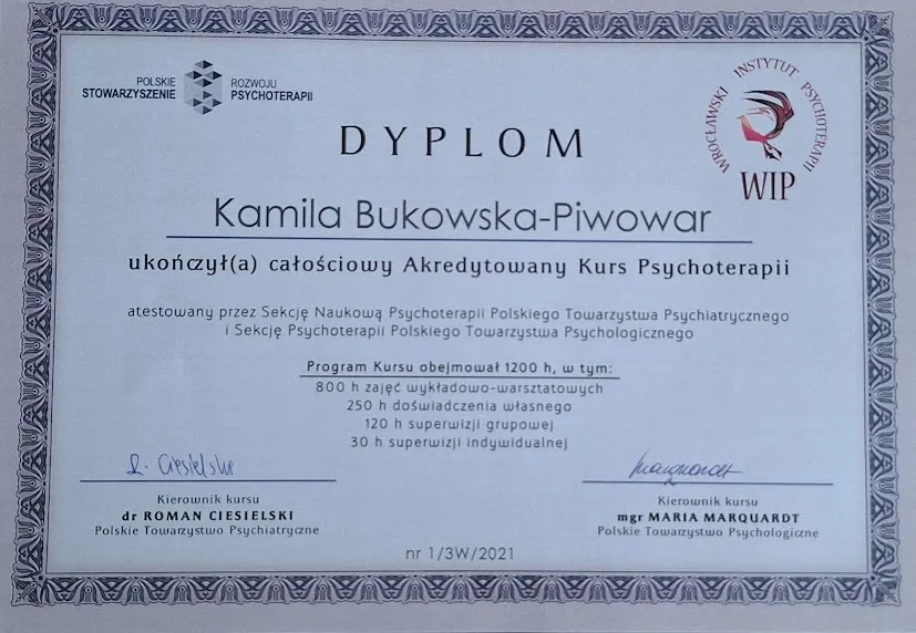 Dyplom ukończenia całościowego akredytowanego Kursu Psychoterapii