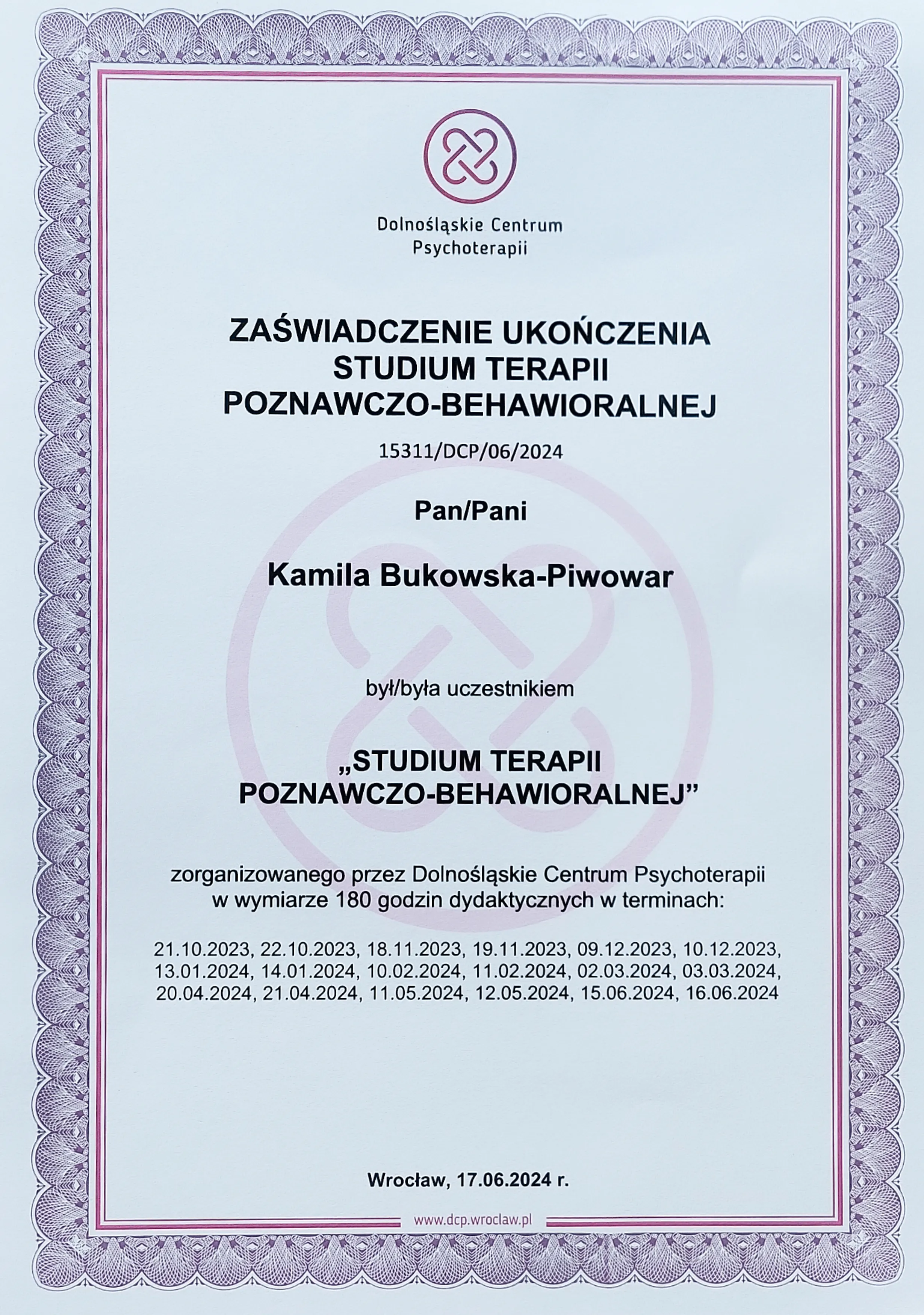 Zaświadczenie ukończenia studium terapii poznawczo-behawioralnej