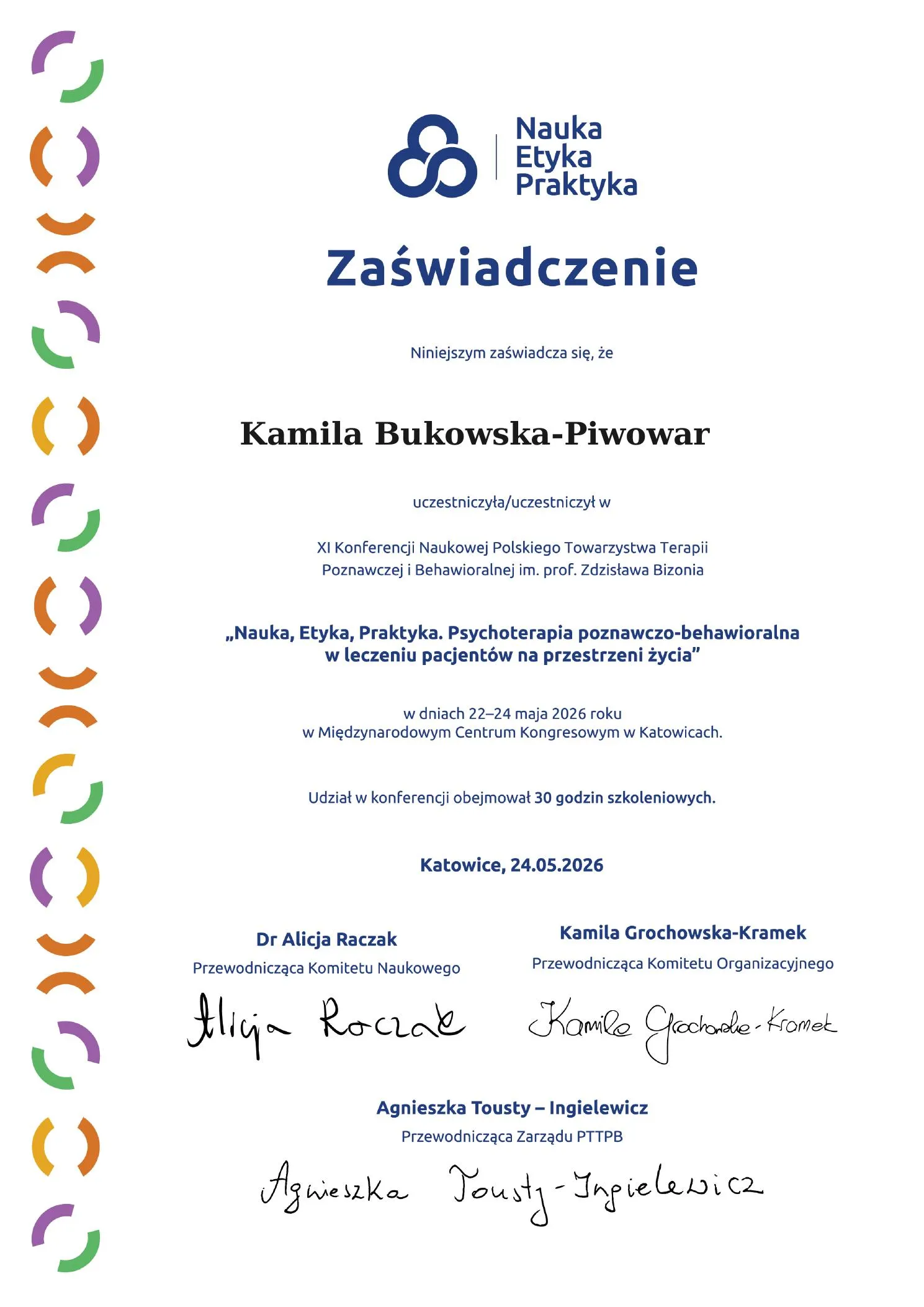 Certyfikat udziału w konferencji PTTB