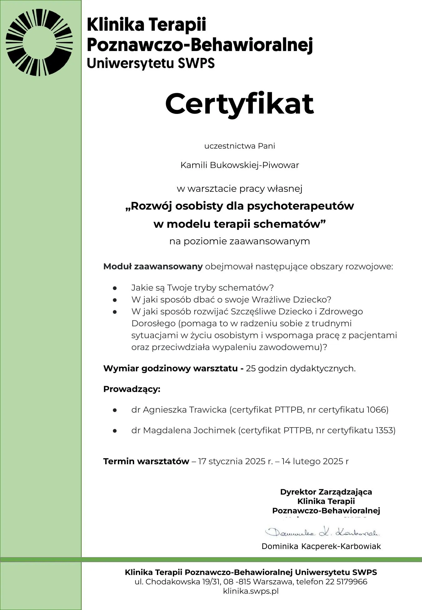 Certyfikat szkoleniowy Kamili Bukowskiej-Piwowar