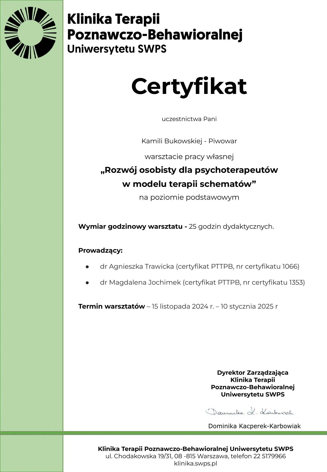 Certyfikat szkoleniowy Kamili Bukowskiej-Piwowar