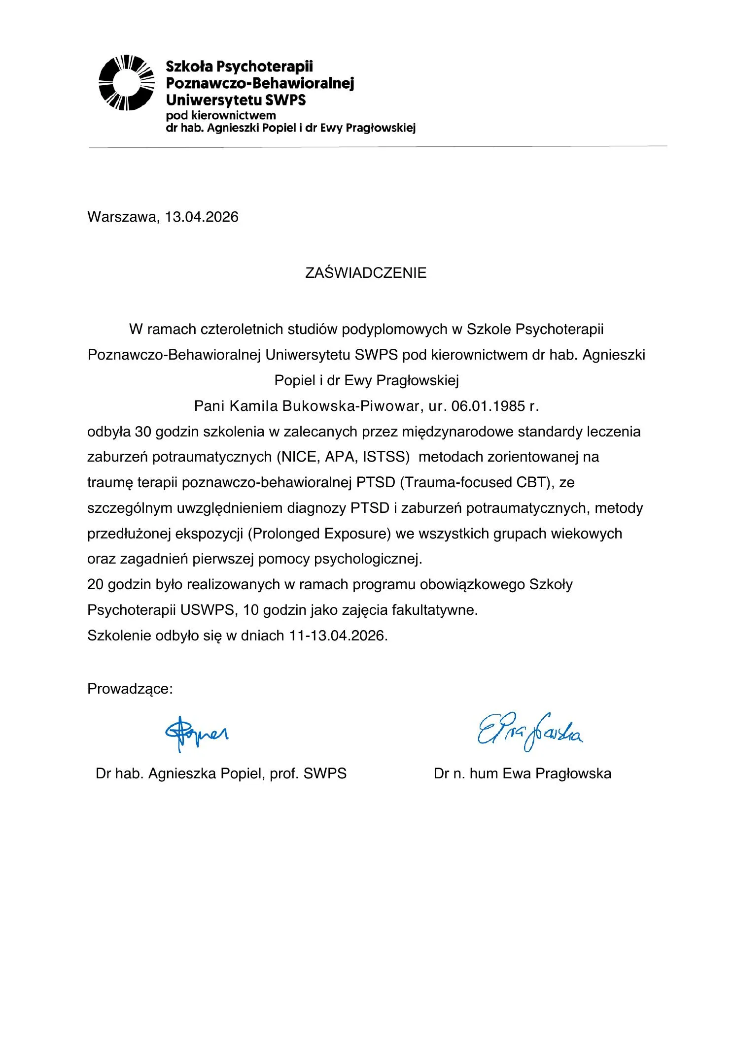 Zaświadczenie ukończenia szkolenia dotyczącego PTSD